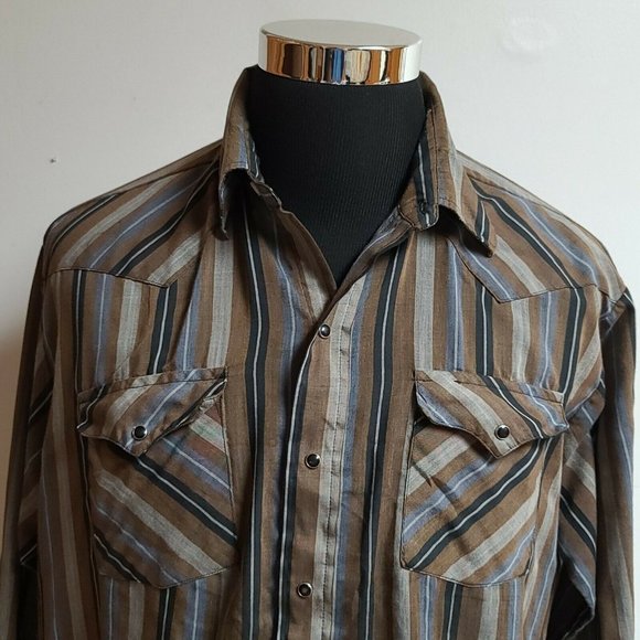 PANHANDLE SLIM Mens Brown Striped Pearl Snap Shirt - Picture 2 of 11